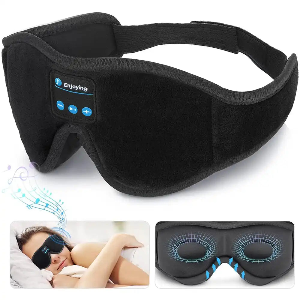Black Bluetooth sleep mask with control panel, shown on a white background.