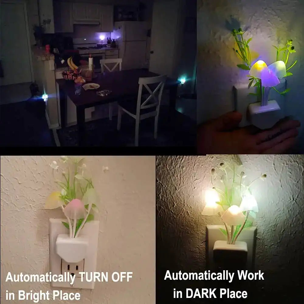 Collage of LED night light in a dark room and on a wall with text indicating its functionality.