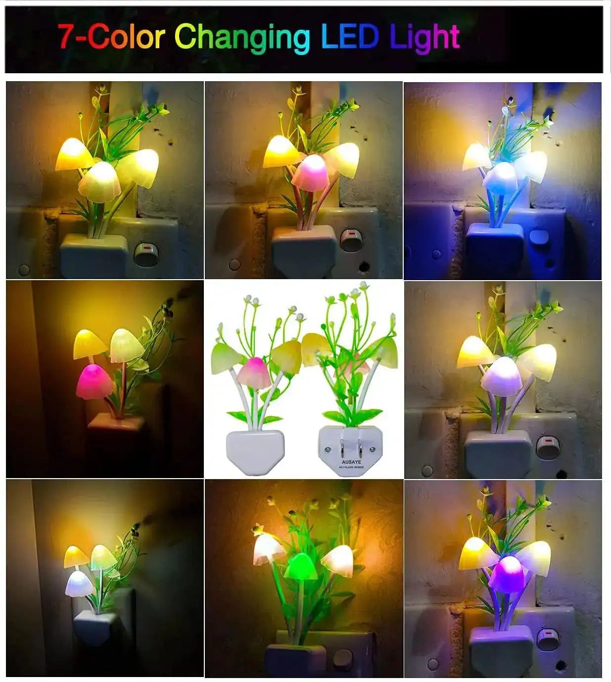 Collage of a 7-color changing LED light with plant design on a night light base.
