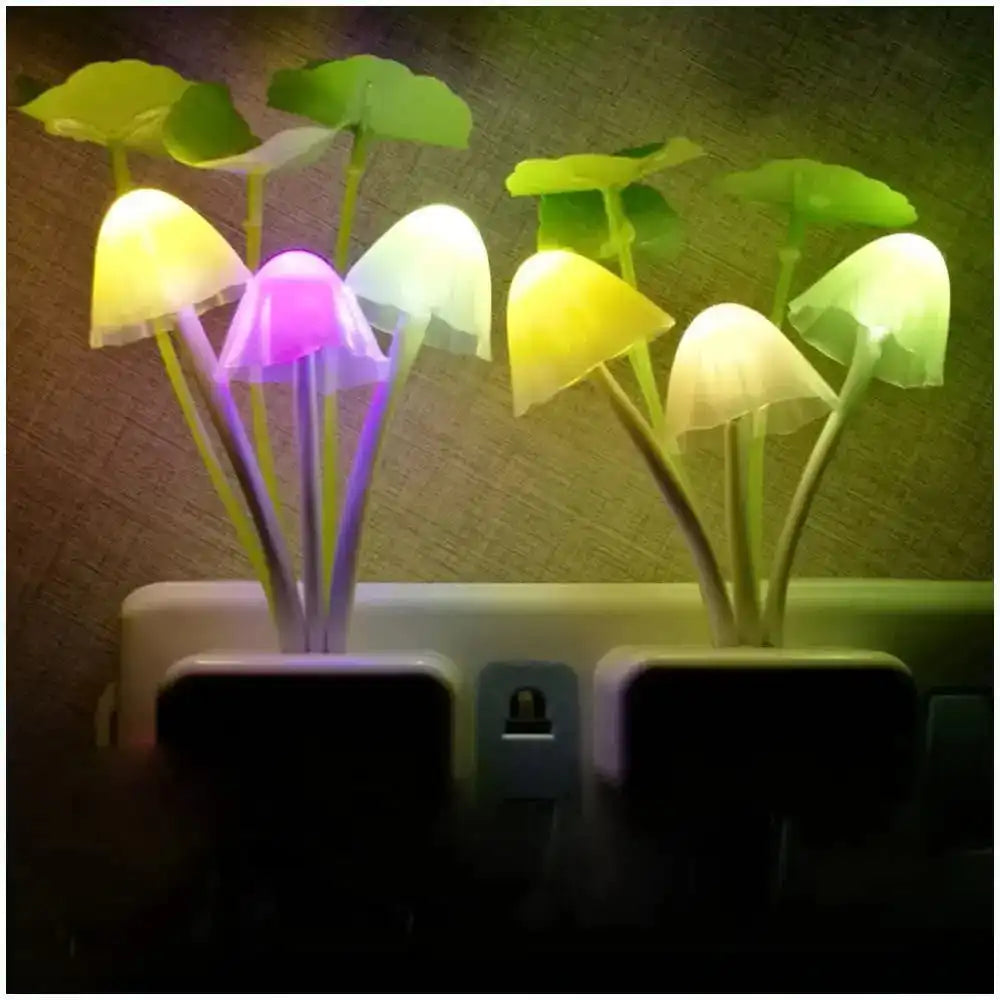 Colorful mushroom-shaped night lights on a dark background