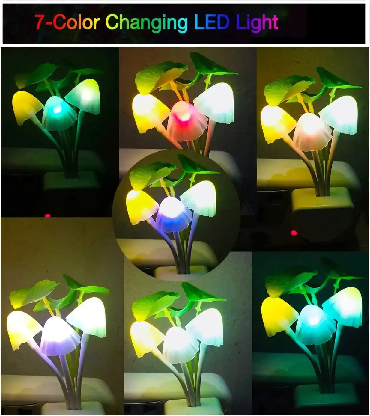 Collage of a 7-color changing LED light shaped like mushrooms on a dark background.