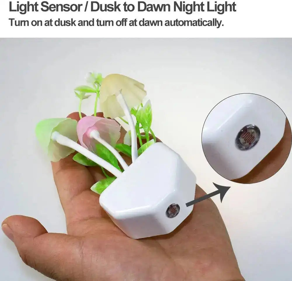Light sensor dusk to dawn night light held in a hand with close-up of sensor.