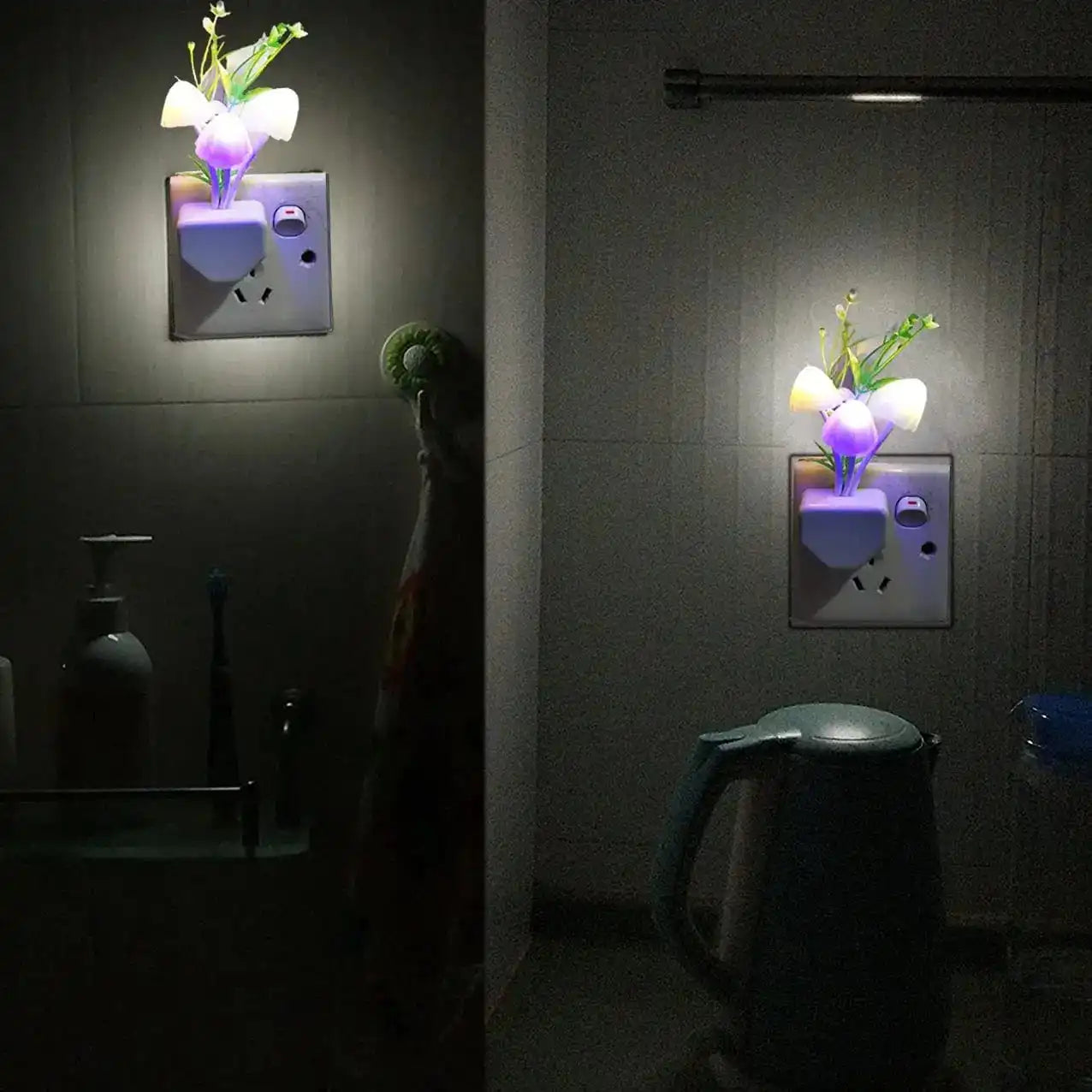 Flower-shaped night lights attached to wall sockets in a bathroom setting.