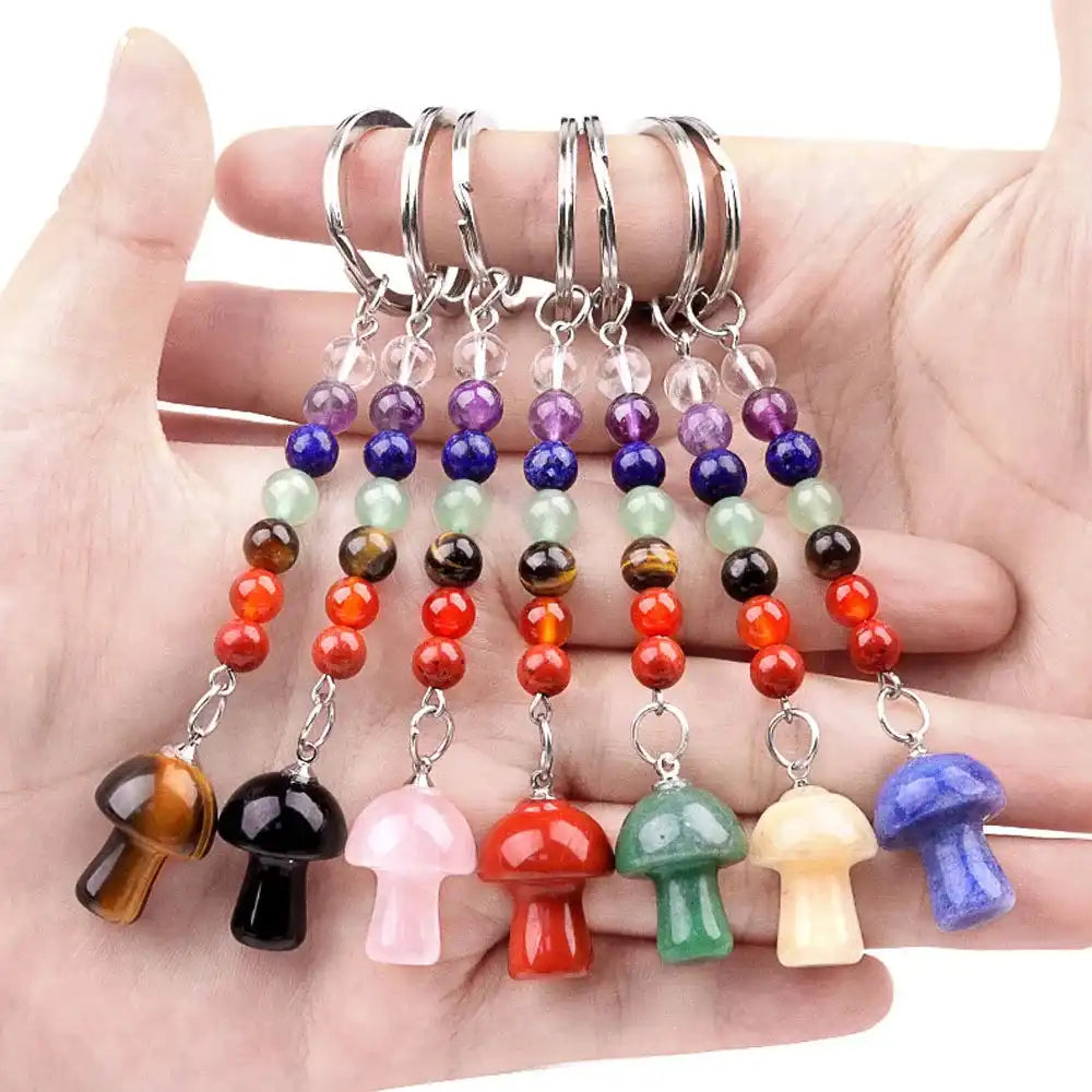 Natural Stone Chakra Mushroom Keychain – Reiki Crystal Energy Car Charm - Loc vibes only