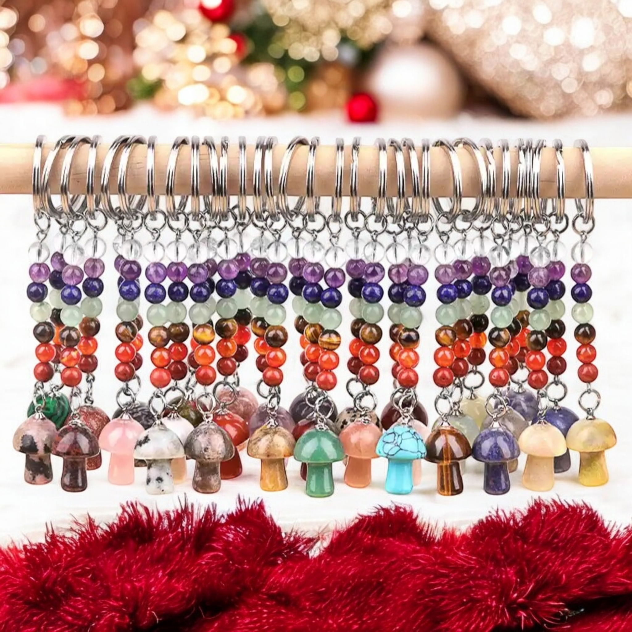 Natural Stone Chakra Mushroom Keychain – Reiki Crystal Energy Car Charm - Loc vibes only
