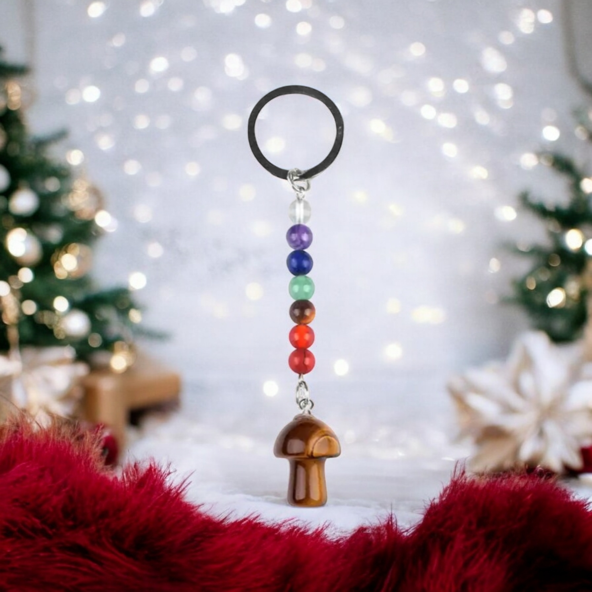 Natural Stone Chakra Mushroom Keychain – Reiki Crystal Energy Car Charm - Loc vibes only